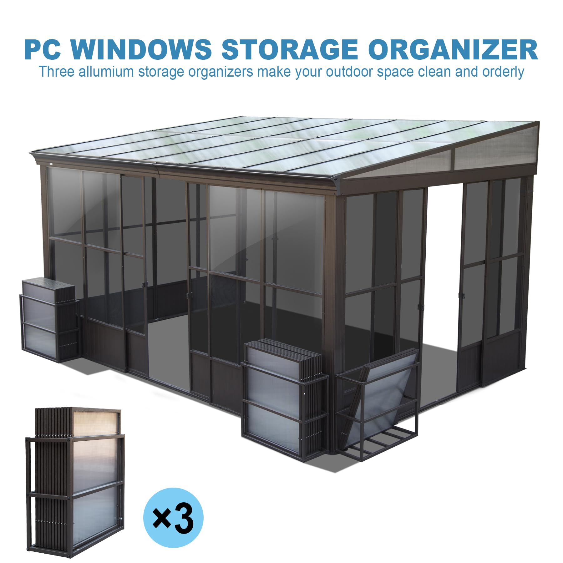 Domi Lean-to Sunroom 10x14FT, Wall Mounted Solarium with Sloping Polycarbonate Roof, Detachable Polycarbonate Screens, 2 Lockable Sliding Doors, Aluminum Gazebo Against Wall Sun Room for Pati - WoodArtSupply