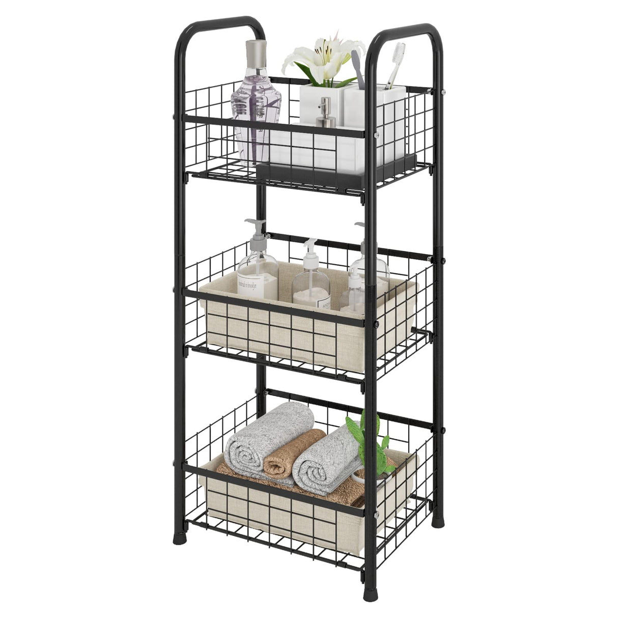 PROXRACER 3-Tier FreeStanding Open Shelf,Bathroom Organizer Shelves Unit with Adjustable Feet, Metal Steel Storage Tower Organizer Rack Basket Cart for Bathroom, Living Room, Balcony, Kitchen PROXRACER