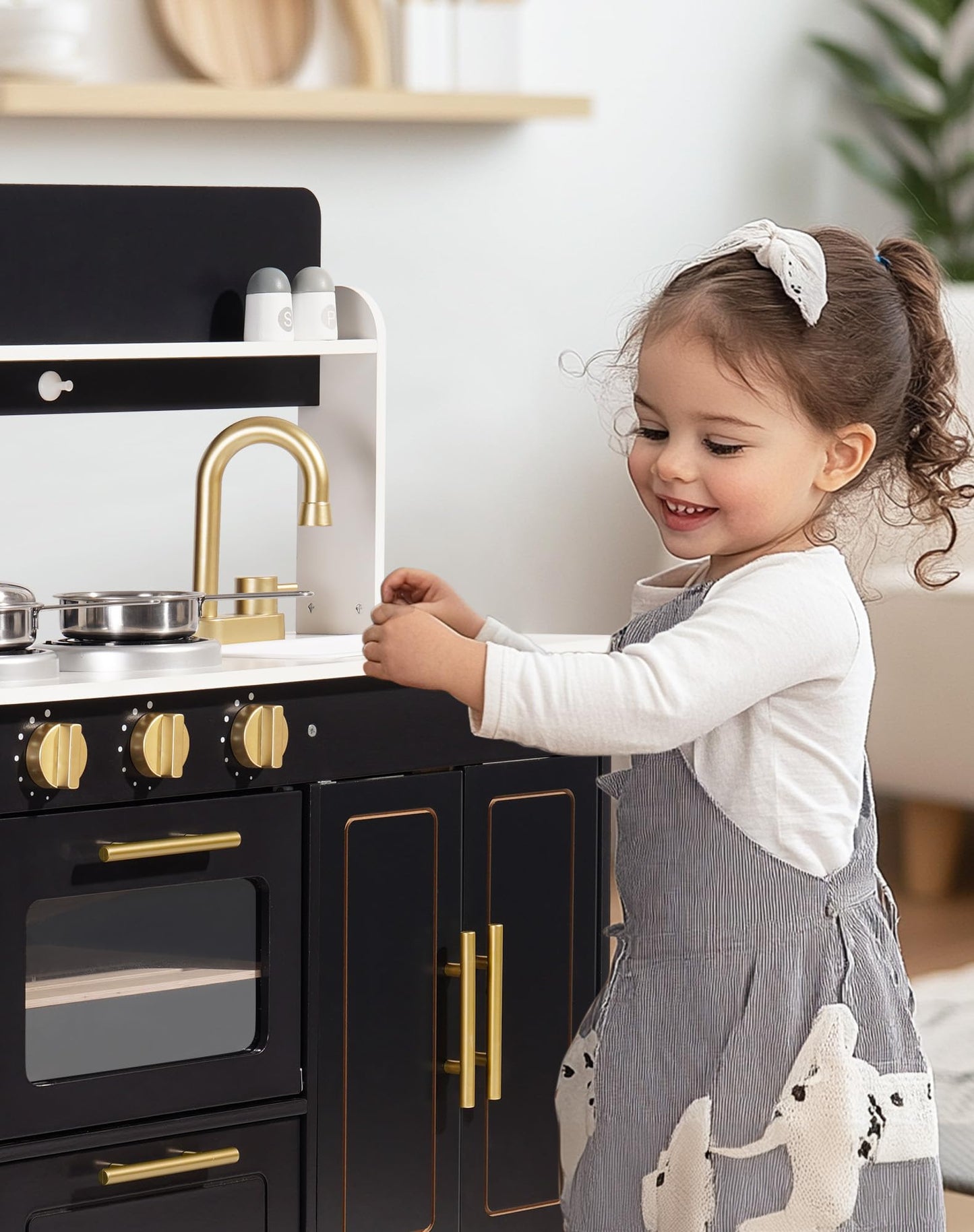 ROBUD Play Kitchen Set - Wooden Marble-Style Kitchen Playset with Realistic Stove, Oven & Sink for Kids Ages 3+