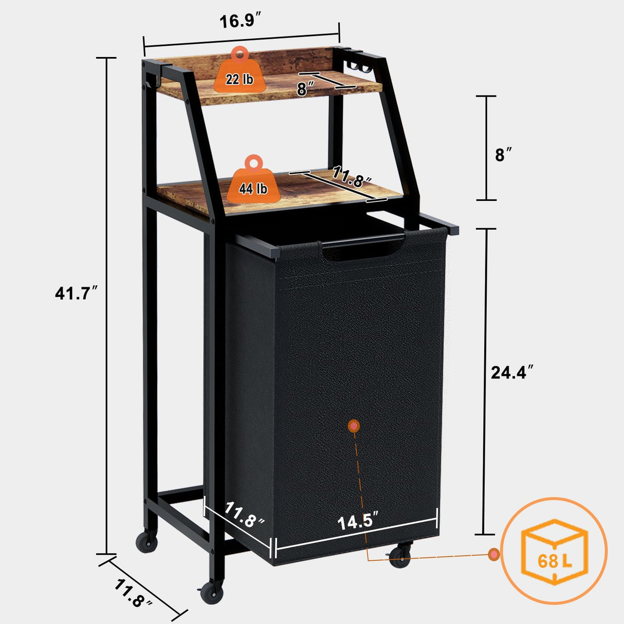 Timberer Laundry Hamper, Laundry Sorter, Rolling Laundry Basket with Wheels, 2 Shelves, 18 Gal(68L), Pull-Out and Removable Oxford Fabric Bags, for Laundry Room, Black and Rustic Brown Timberer