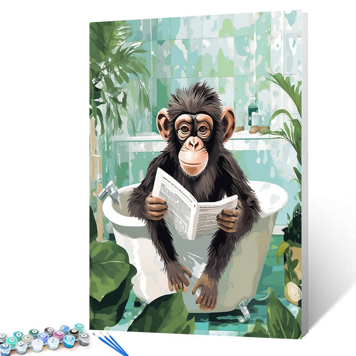 Monkey Read Newspaper Paint by Bumbers for Adults Jungle Bathroom Animal Bathtub DIY Paint by Numbers Acrylic Paint Canvas Green Leaves Nature-Inspired Painting Kits Art 16x20 Inch（without Frame） Tucocoo