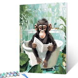Monkey Read Newspaper Paint by Bumbers for Adults Jungle Bathroom Animal Bathtub DIY Paint by Numbers Acrylic Paint Canvas Green Leaves Nature-Inspired Painting Kits Art 16x20 Inch（without Frame） Tucocoo