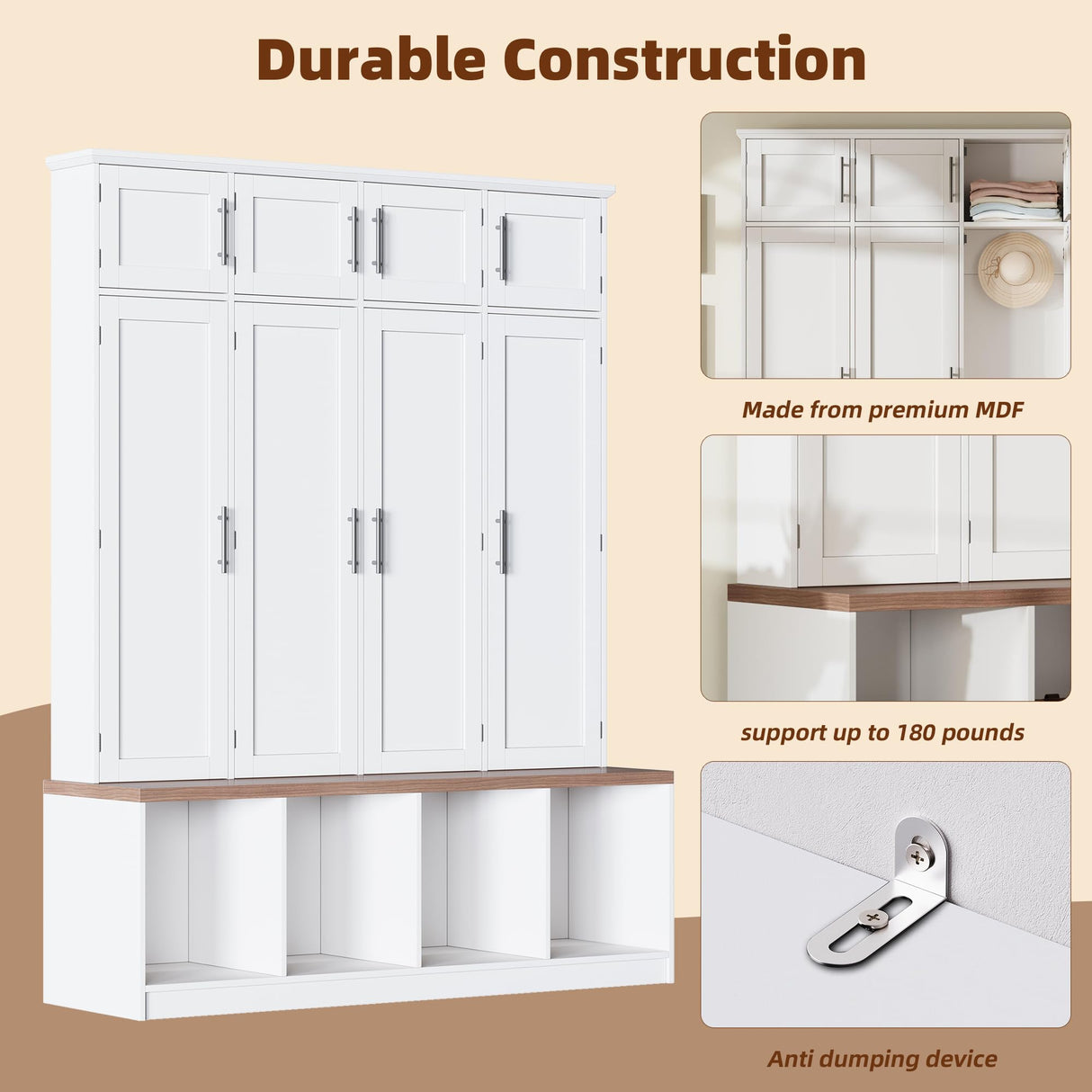 Merax Hall Tree with Entryway Bench and Shoe Cabinet, Multi-Functional Seating Bench with 4 Hanging Hooks and 8 Doors, White Merax