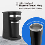 Elite Gourmet EHC114 Personal Single-Serve Compact Coffee Maker Brewer Includes 14Oz. Thermal Travel Mug with Stainless Steel Interior, Compatible with Coffee Grounds, Reusable Filter, Black Elite Gourmet