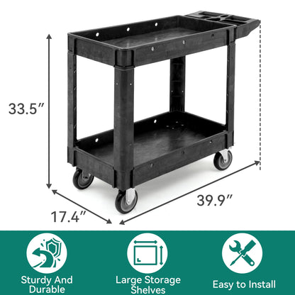 YITAHOME Utility Cart on Wheels, 550 lbs Capacity Service Cart, 40 x 17 Inch Rolling Work Carts, 2 Shelf Heavy Duty Plastic Cart Suitable for Warehouse, Garage, School & Office, Cleaning, Black