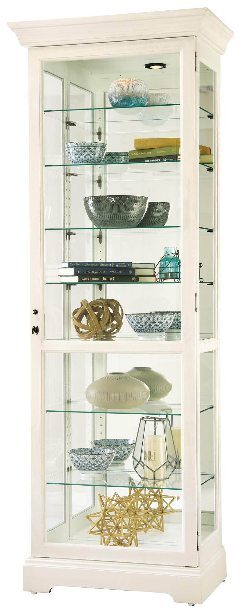 Howard Miller Chesterbrook V Curio Cabinet – Lighted White Wooden Display Cabinet with Wire Brushed Finish Eight Level Showcase Adjustable Glass Shelves Beveled Glass Quality Home Decor Howard Miller