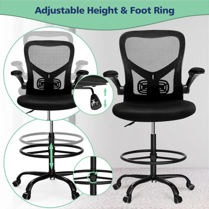 dreamlify Drafting Chair,Tall Standing Desk Chair Comfortable Office Chair with Foot Ring Flip-up Padded Arms Height Adjustable Computer Task Chair Ergonomic Mesh Mid-Back Desk Chair,Black - WoodArtSupply