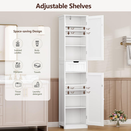 Iwell Tall Bathroom Cabinet, Storage Cabinet with 2 Doors & 1 Drawer, Freestanding Linen Cabinet with Adjustable Shelves, Floor Cabinet for Bathroom, Living Room, Home Office, White Iwell