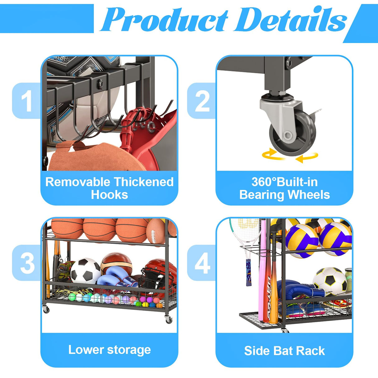 Jsskeeim Garage Sports Equipment Storage Rack,Wheeled Sports Ball Storage Bin,Garage Sports Equipment Organizer,Ball Organizer Toy Organizer with Baseball Bat Holder and Hooks-Black Jsskeeim