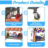 Jsskeeim Garage Sports Equipment Storage Rack,Wheeled Sports Ball Storage Bin,Garage Sports Equipment Organizer,Ball Organizer Toy Organizer with Baseball Bat Holder and Hooks-Black Jsskeeim