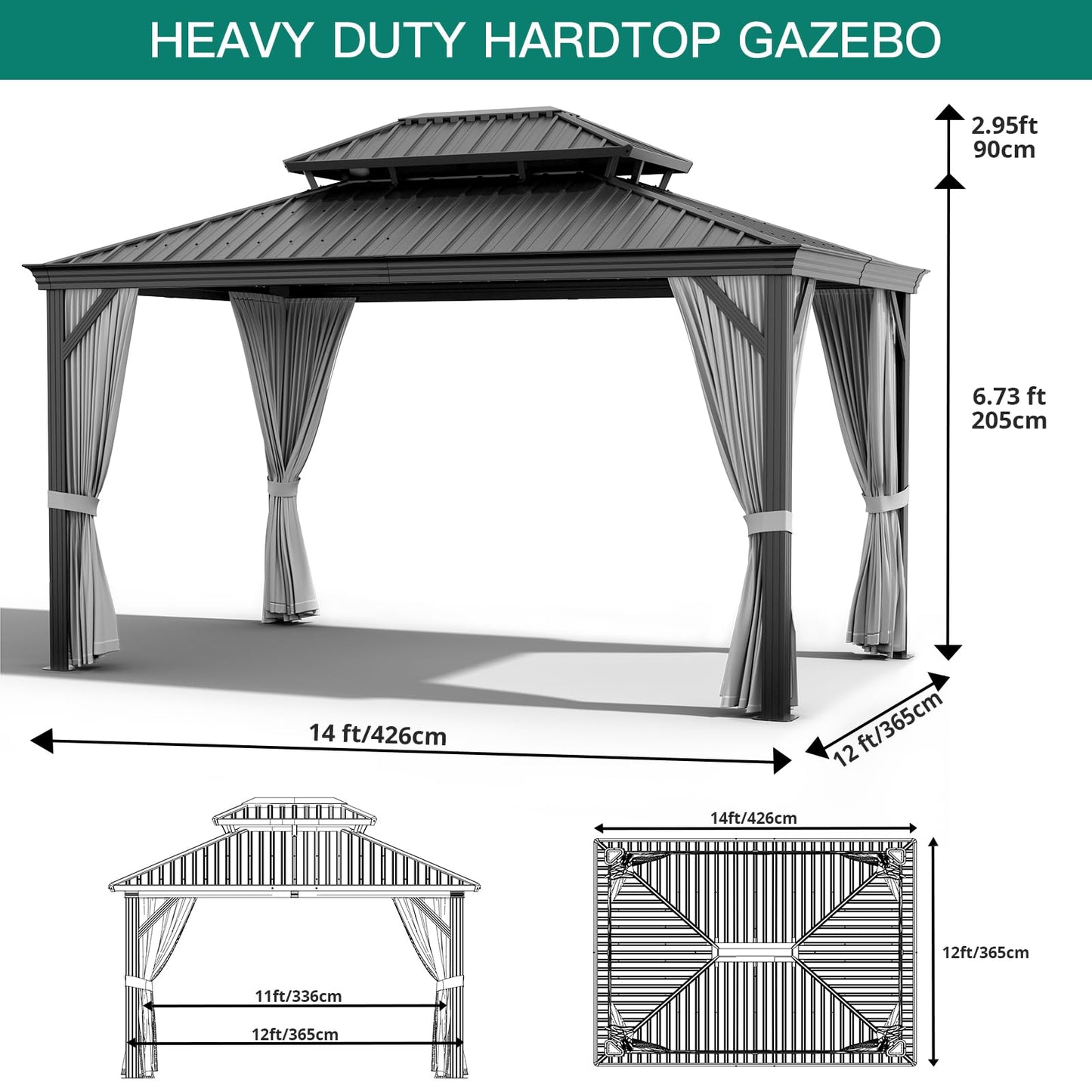 GAOMON 12x14ft Hardtop Gazebo, Heavy Duty Double Roof Outdoor Garden Galvanized w/Nettings Curtains Steel Combined of Horizontal Vertical Stripes Roof for Patio, Backyard, Deck, Lawns (Gray)