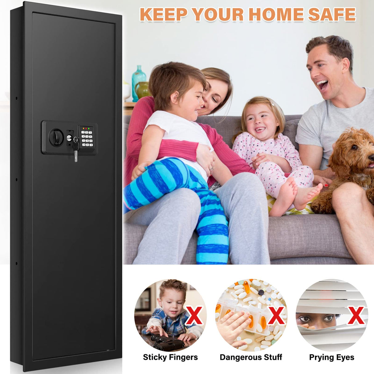 43.3" Tall Fireproof Wall Safes Between the Studs 16" Centers, Electronic Hidden Safe with Removable Shelf, Fireproof in Wall Safe for Money Jewelry Passport GUVELI