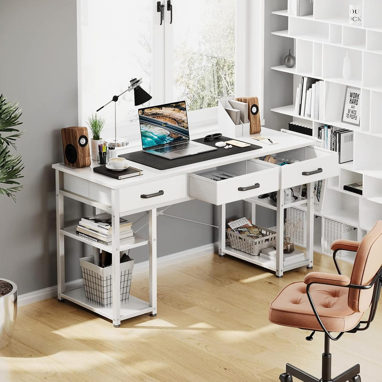 Modern White Office Desk with Fabric Drawers and Storage Shelves by ODK ODK