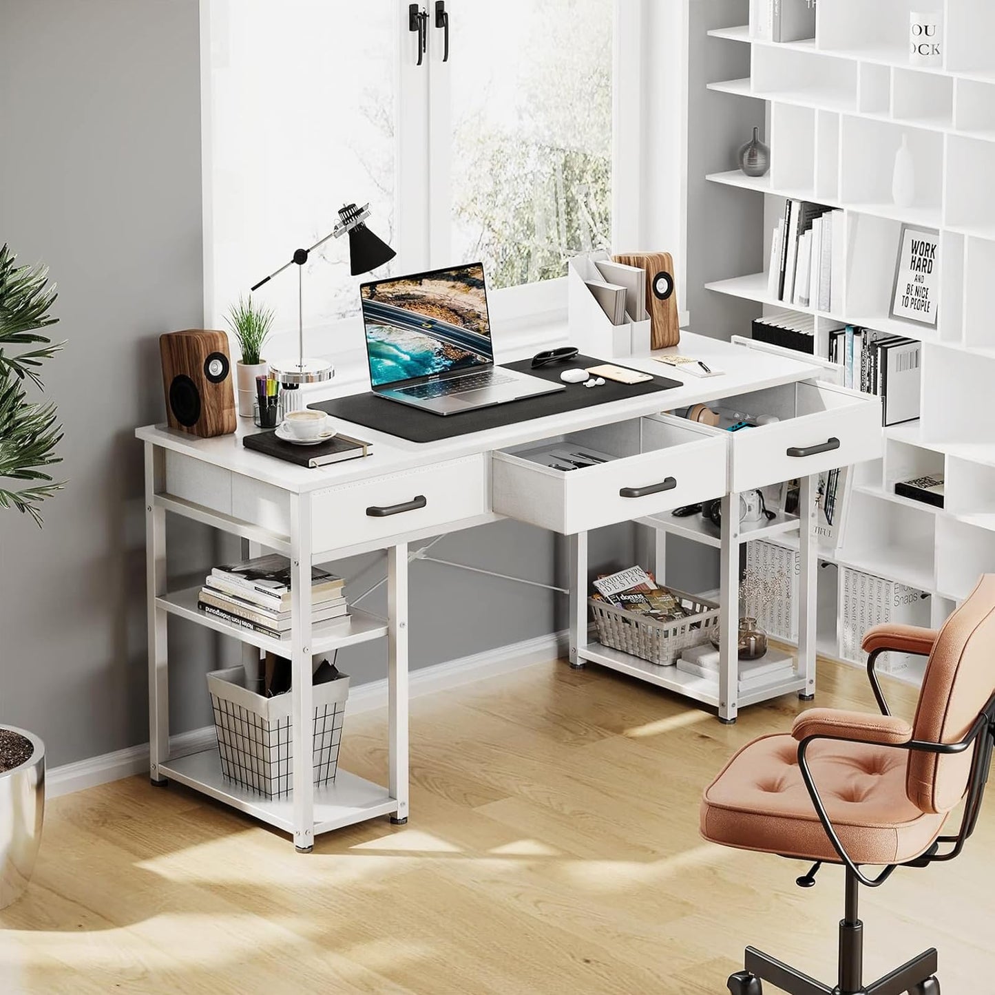 Modern White Office Desk with Fabric Drawers and Storage Shelves by ODK - WoodArtSupply