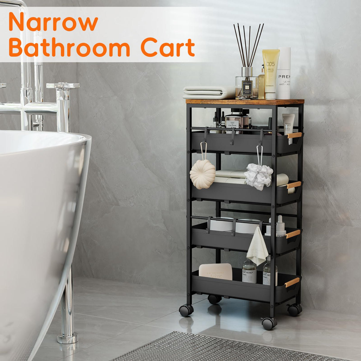 Landmok 5-Tier Slim Storage Cart, Wooden Top Rolling Kitchen Cart with Pull-Out Baskets & Wheels, Narrow Space Utility Cart Slide Out Organizer for Kitchen, Bathroom, Laundry Room, Black Landmok