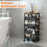 Landmok 5-Tier Slim Storage Cart, Wooden Top Rolling Kitchen Cart with Pull-Out Baskets & Wheels, Narrow Space Utility Cart Slide Out Organizer for Kitchen, Bathroom, Laundry Room, Black Landmok