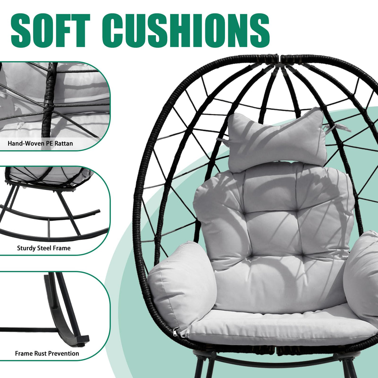 FKSLIFE Wicker Egg Chair Outdoor,Rocking Chair Outdoor with Cushion,330lb Capacity,All-Weather Rattan Patio Egg Chair Lounger for Room,Balcony,Backyard,Garden (Light Grey Cushion) FKSLIFE