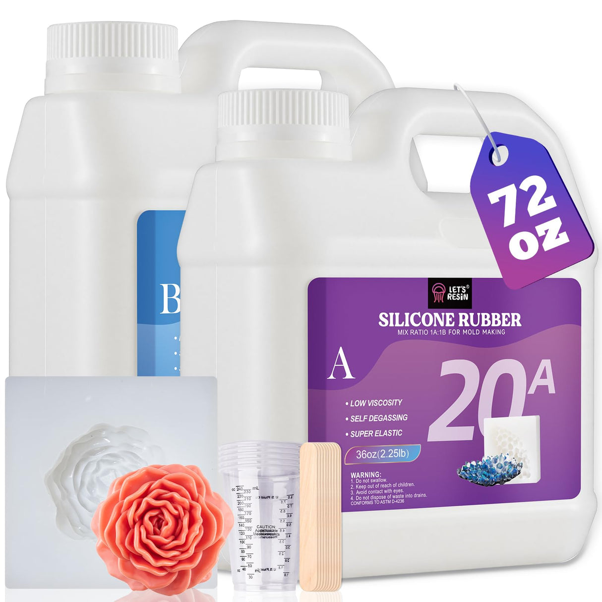 LET'S RESIN Silicone Mold Making Kit 72oz, 20A Non-Toxic Platinum Silicone Rubber for Mold Maker, Beginners, Ideal Liquid Silicone for Casting Resin, 3D Molds, 1:1 Mixing by Weight, Translucent LET'S RESIN