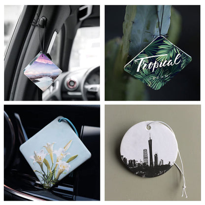 Twavang 30Pcs Sublimation Air Freshener Blanks 5 Styles Car Scented Hanging Sheets DIY Sublimation Air Freshener Set with 30Pcs Self Adhesive Bags and Elastic Rope for Home and Car Decoration