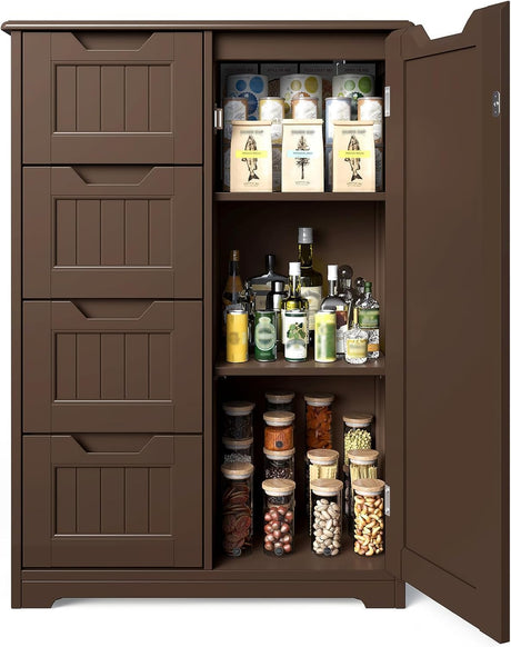 Gizoon Pantry Cabinet Storage Cupboard, Freestanding Wooden Dresser with 4 Drawers for Bathroom and Dining Room, 33" Dark Brown, Small Kitchen Pantry Storage Cabinet with Door and Shelves Gizoon