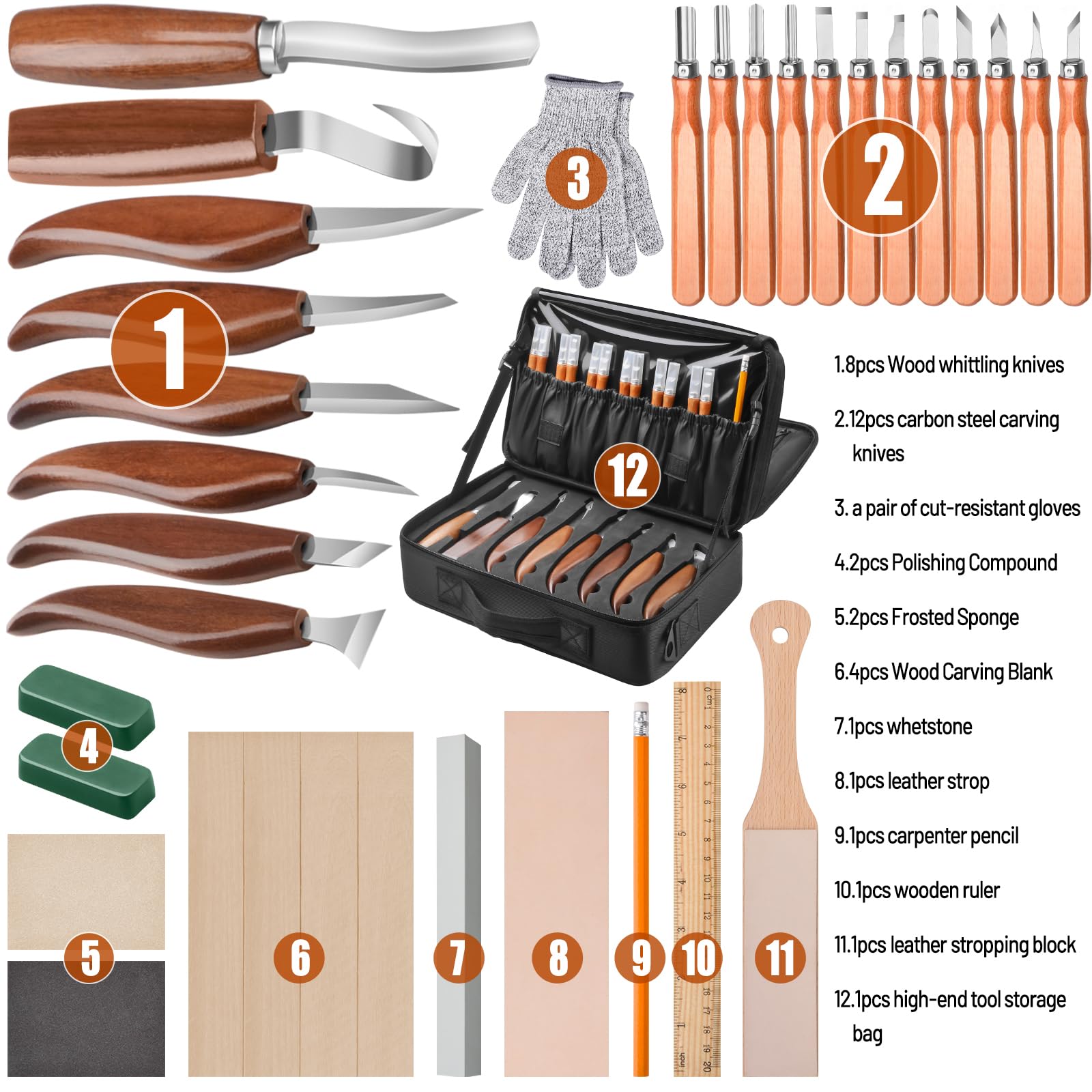 Olerqzer Wood Carving Kit,35-in-1 Wood Whittling Kit for Beginners,Wood Carving Knife Set Whittling Knife Wood Carving Knives Carving Tools with Large Storage Tool Bag(35PCS) - WoodArtSupply