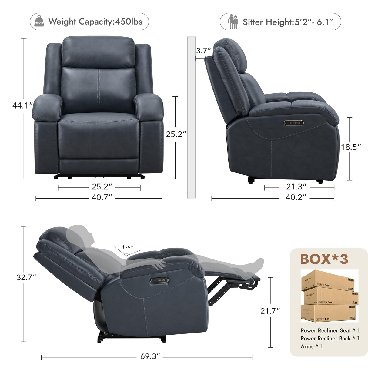 Watson & Whitely Oversized Genuine Leather Power Recliner Chairs for Big and Tall, Wall Hugger Recliner with Power Headrest & Charging Ports, Extra Large Reclining Chair for Living Room, Navy Blue Watson & Whitely