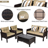 Tangkula 4 Piece Patio Furniture Set, Outdoor Wicker Conversation Set with Glass Top Coffee Table, All Weather Proof and Thick Cushions, Suitable for Porch, Garden, Poolside and Lawn (Brown) Tangkula