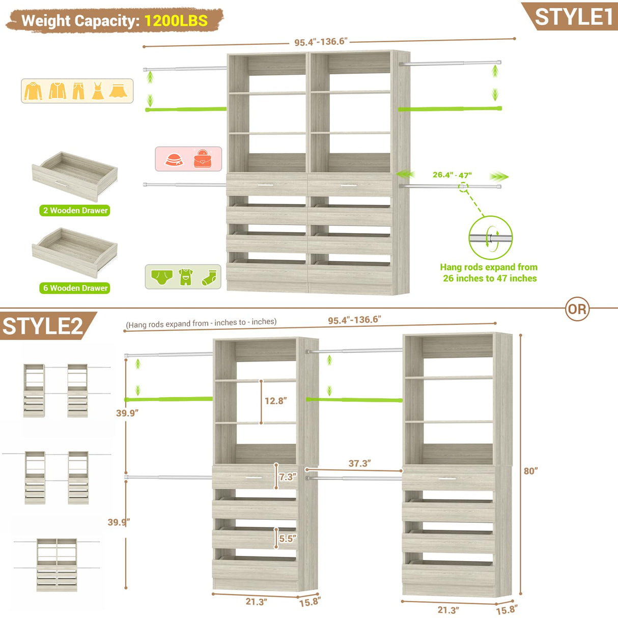 Aheaplus Closet System, 6-15Ft Closet Organizer with 8 Wooden Drawers, Wood Closet Organizer System with Tower, Walk-in Closet Organizer Wardrobe Garment Clothes Rack with 4 Hanging Rods, White Oak Aheaplus