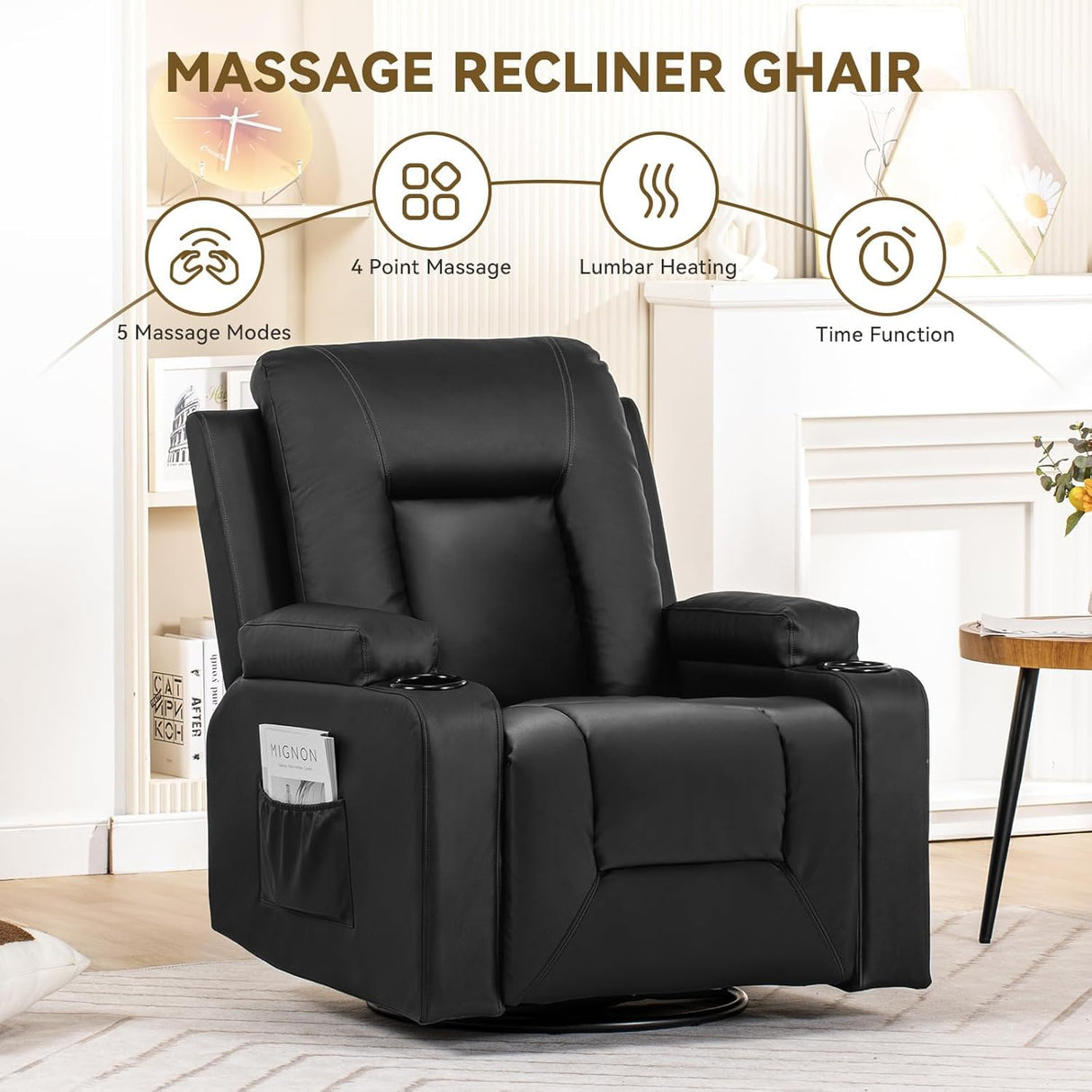 COMHOMA Recliner Chair, Swivel Rocker Recliners, Massage and Heat Reclining Chair, Reclining Sofa with Side Pockets, Cup Holders for Living Room, Bedroom (Black) COMHOMA