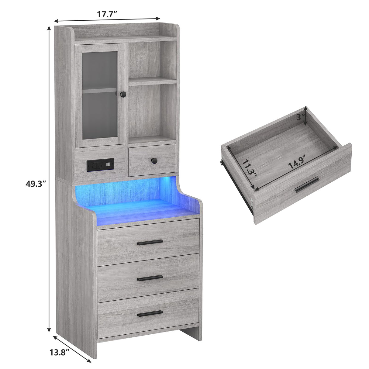 BTHFST Grey Nightstand Set of 2, LED Night Stand Set 2 with Charging Station, Tall Bedside Table with Bookshelf & Drawers, End Side Table with Lights & Storage BTHFST