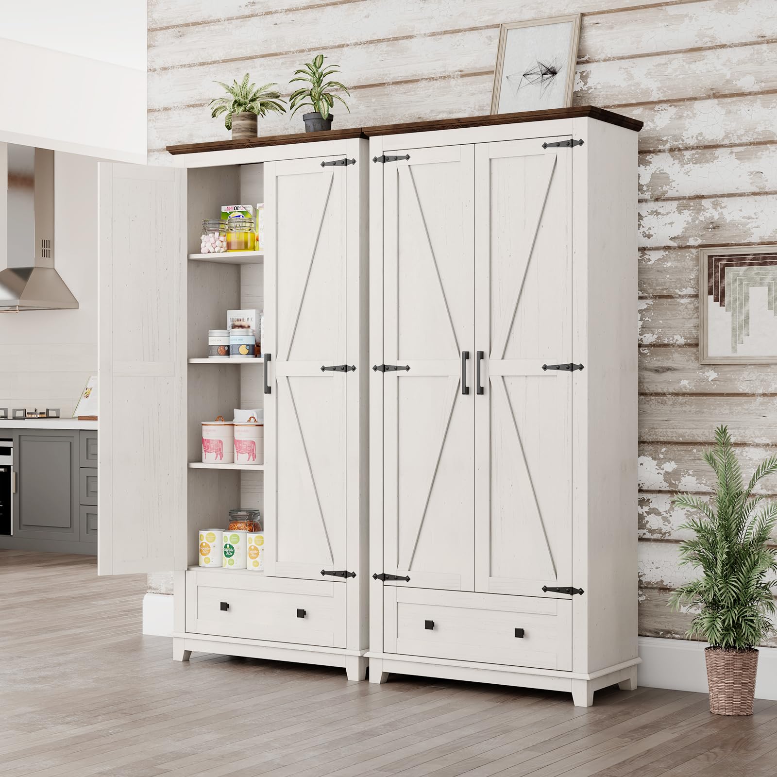 LUXOAK Farmhouse Kitchen Pantry Cabinet, 72" Tall Storage Cabinet with Adjustable Shelves & Barn Doors, Freestanding Kitchen Cupboard for Dining Room, Living Room, Barnwood+White - WoodArtSupply