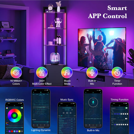 5-Tier Corner Shelf with RGB LED Light, 65" Tall Display Cabinet with Storage, Remote & APP Control, Adjustable Brightness/Color Temp, Floor Lamp with Shelves for Living Room Bedroom (Black) Eclathome