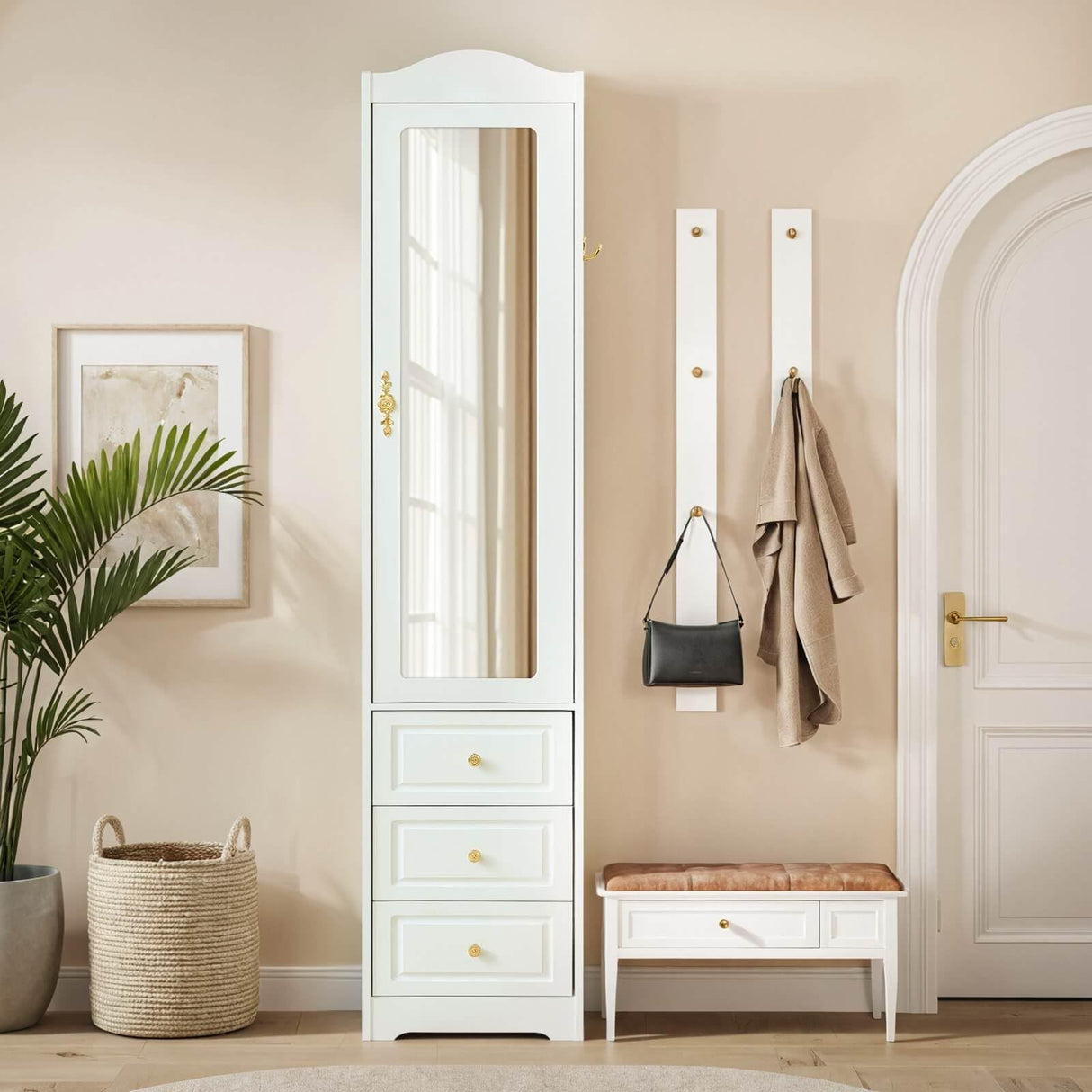 JanflyHome Armoire Wardrobe Closet, White Bedroom Armoires Cabinet with Mirror Door and 3 Drawers, 69.5" H Clothing Storage Cabinet with Hanging Rod & Sensor Light for Bedroom-Right JanflyHome