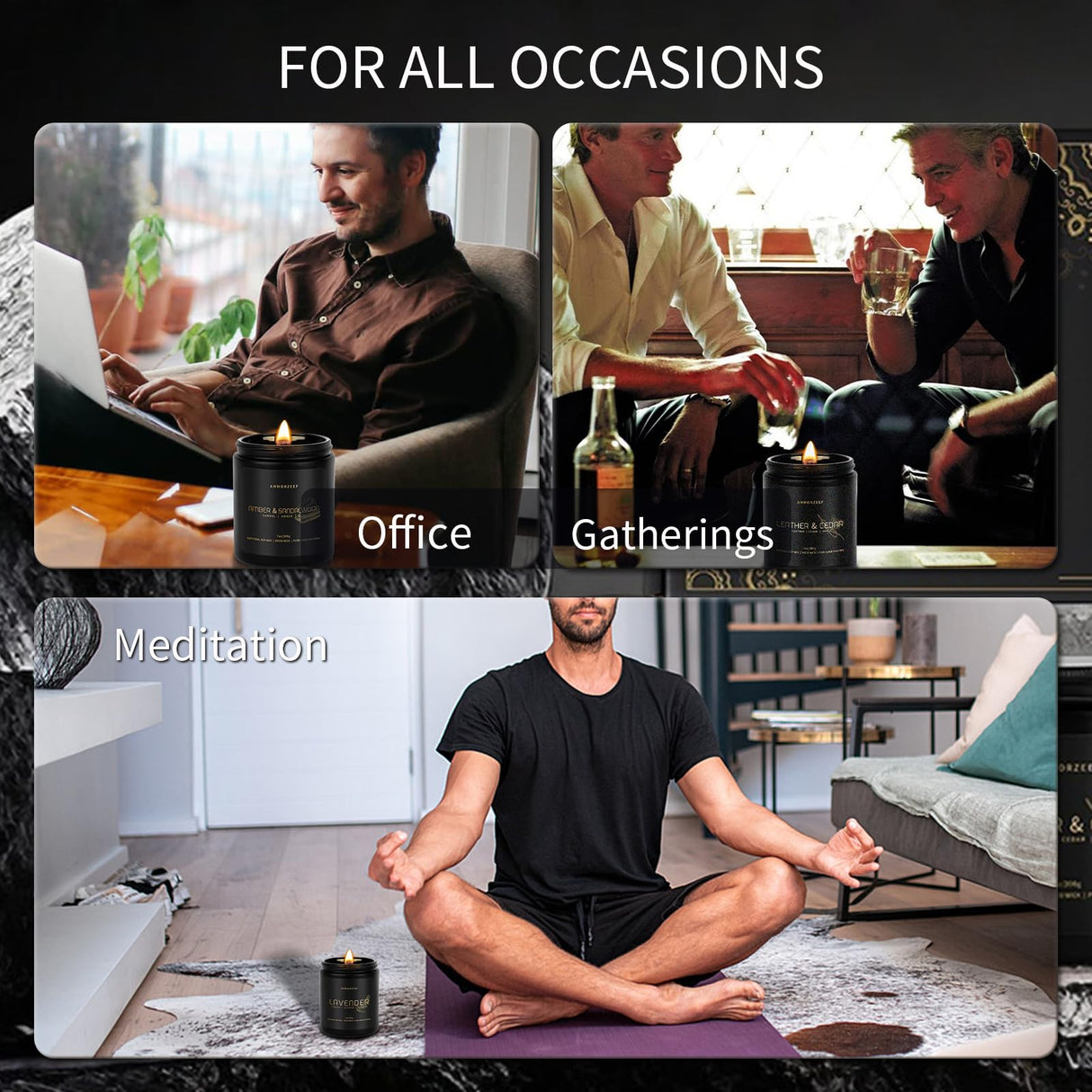 AMMORZEEF 4 Pack Manly Scented Candles for Men Soy Candle Set for Home Wood Wick Aromatherapy Candles for Relaxation Scented Leather Cedar/Lavender/Amber Sandalwood/Vanilla Candles AMMORZEEF