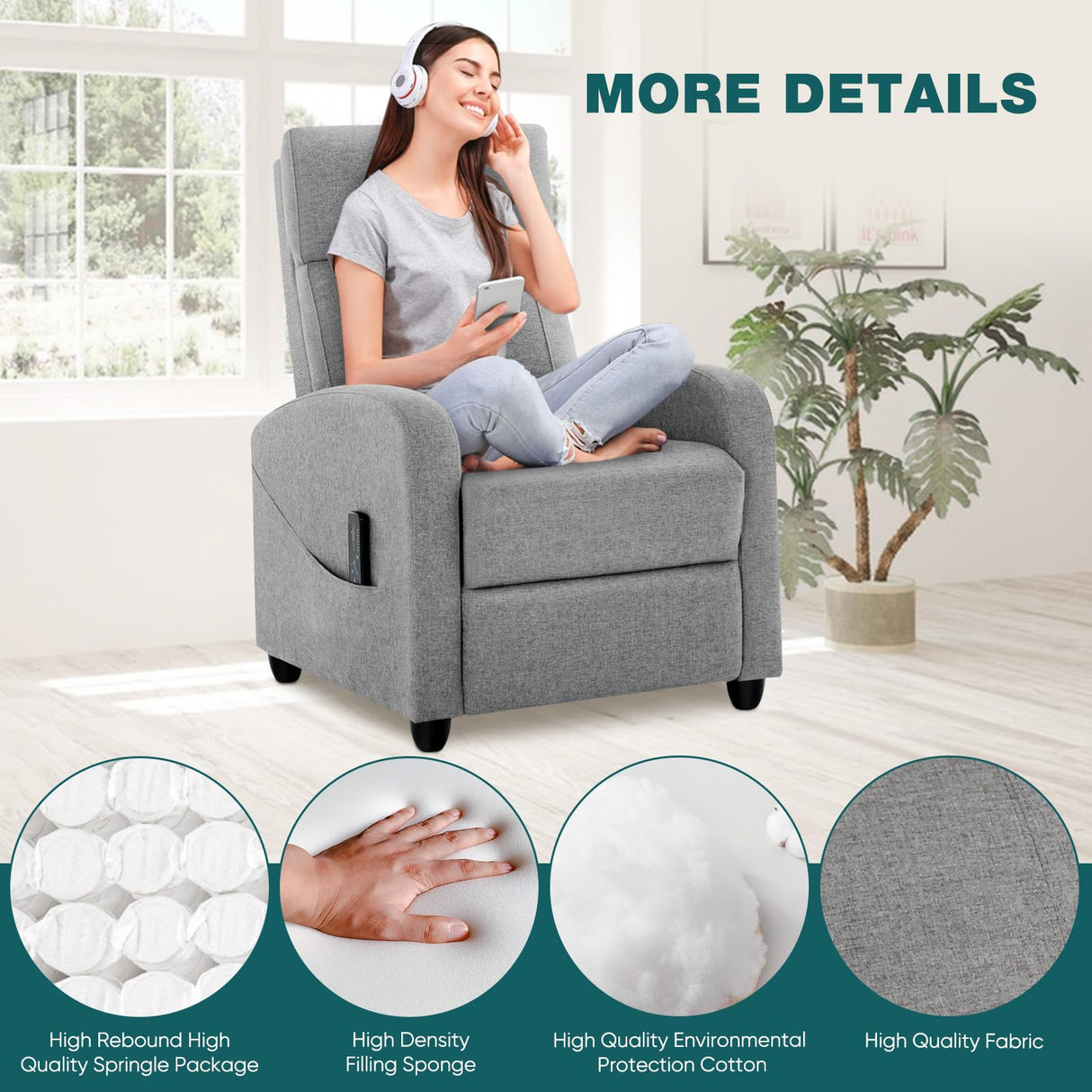 SMUG Recliner Chair Living Room Recliner with Adjustable Backrest and Footrest Modern Design for Home Upholstered Armchair in Soft Fabric, Grey, Linen SMUG