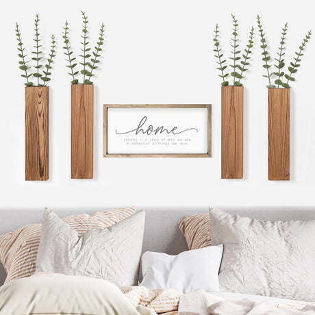 Mokof 4 Pack Wooden Wall Planters with Fake Eucalyptus Stems, Modern Farmhouse Wood Vases Plants Wall Decor for Living Room, Bedroom, Bathroom (Dark Brown) Mokof