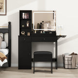 Vanity Desk Set with Mirror and LED Lights, Makeup Table with 2 Drawers & 1 Cabinet, Power Outlet, Storage Cushioned Stool, Dressing Table for Bedroom (Black) Panana