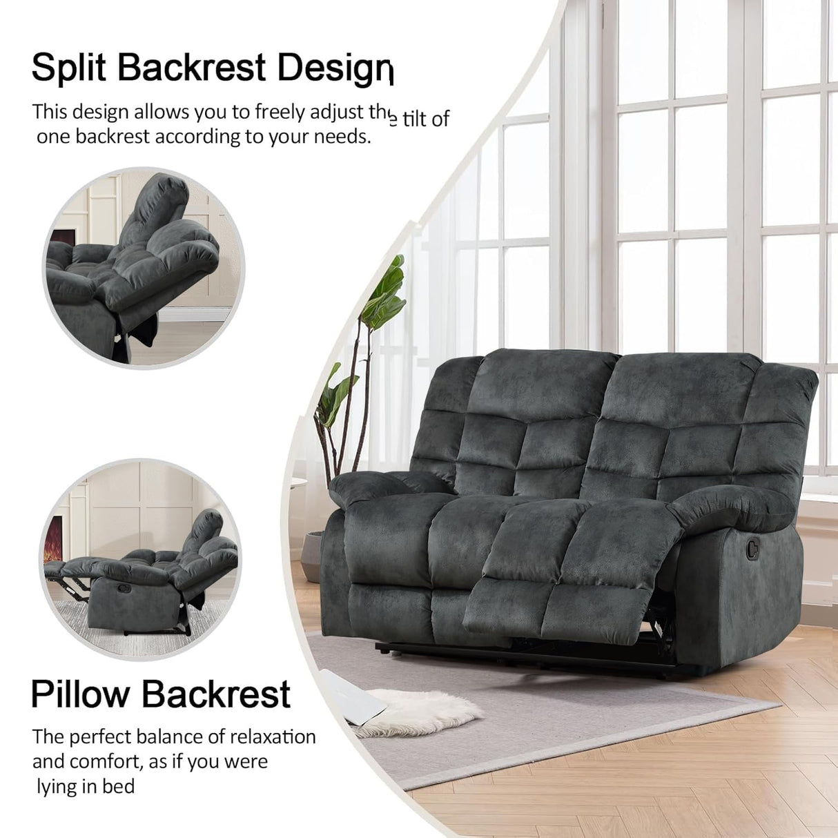 CANMOV Manual Loveseat Recliner, 2 Seat Recliner Sofa Chair with Armrest and Overstuffed Backrest, Couch Set for Living Room, Bedroom, Office, Grey CANMOV