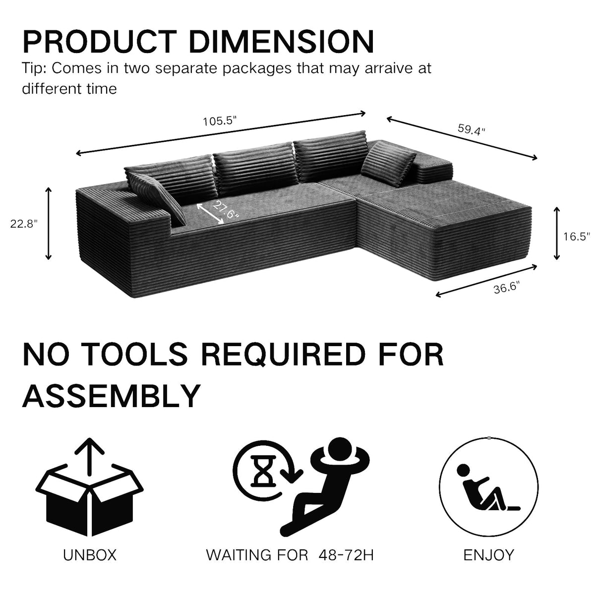 AreShark 105.5" Modular Sectional Sofa L-Shape, Modular Cloud Sofa with Deep Seat for Living Room Bedroom, Upholstered Couches No Assembly Required (Gray Right Facing Chaise) AreShark