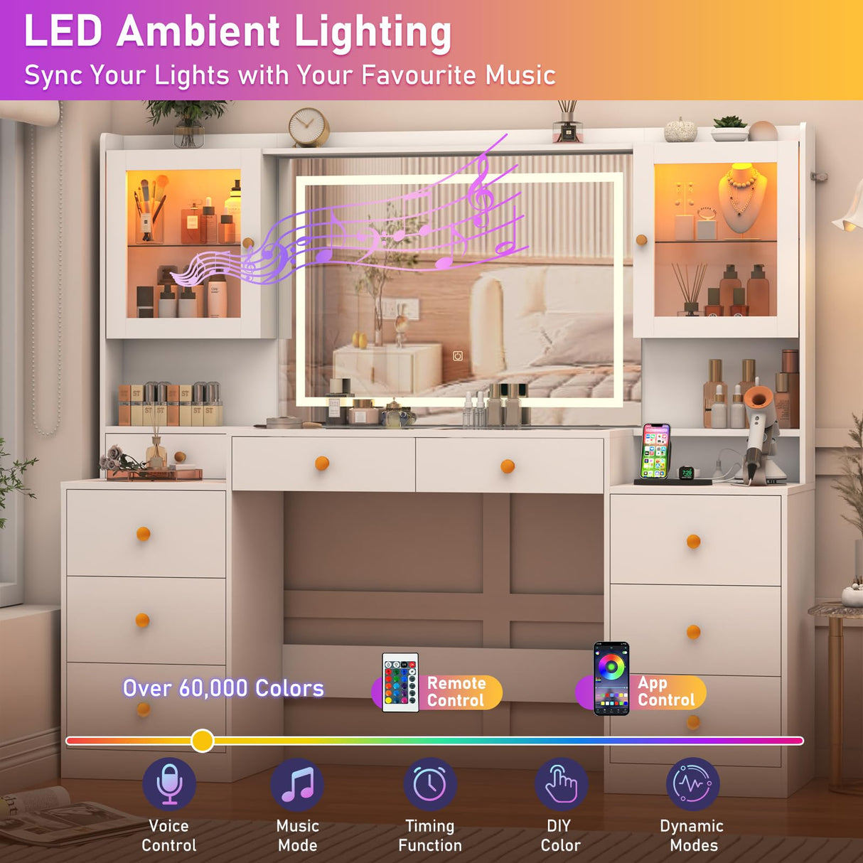 62" Large White Vanity Desk w/ Tempered Glass Top,60000-color LED Lights,Power Outlet, Make up Vanity w/ 3 Lights Mode LED Mirror,9 Drawers,2 RGB Cabinet LED Vanity Table for Women,Girls chartustriable