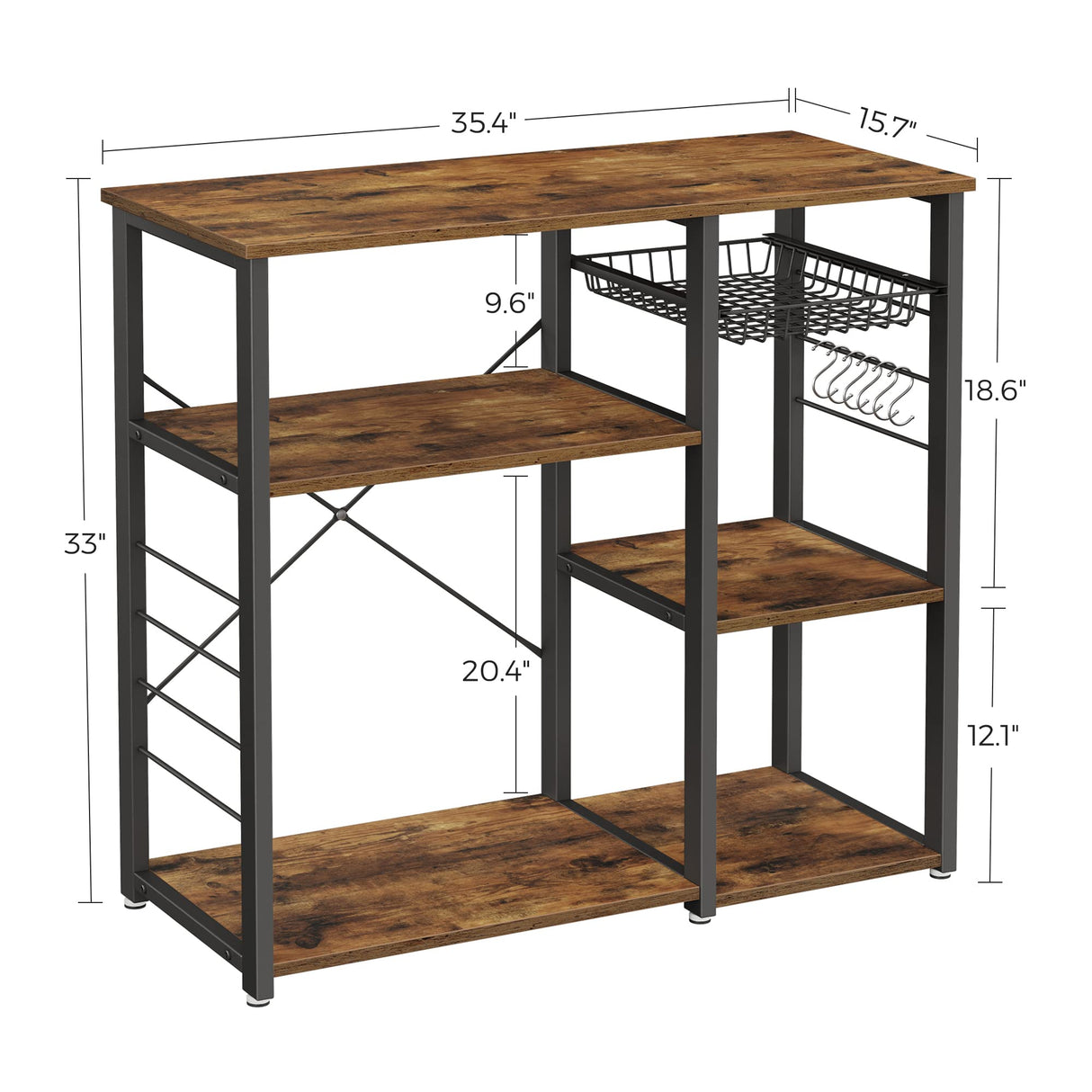 VASAGLE ALINRU Kitchen Baker’s Rack, Coffee Bar, Microwave Oven Stand, with Steel Frame, Wire Basket, 6 Hooks, 35.4", Rustic Brown VASAGLE