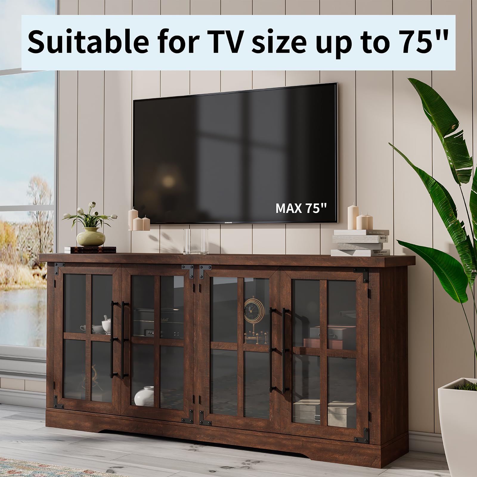 LUXOAK 63" Farmhouse TV Stand with 4 Glass Doors, Modern Buffet Sideboard Cabinet with Storage, Entertainment Center with Adjustable Shelf for TV's up to 75", Espresso - WoodArtSupply