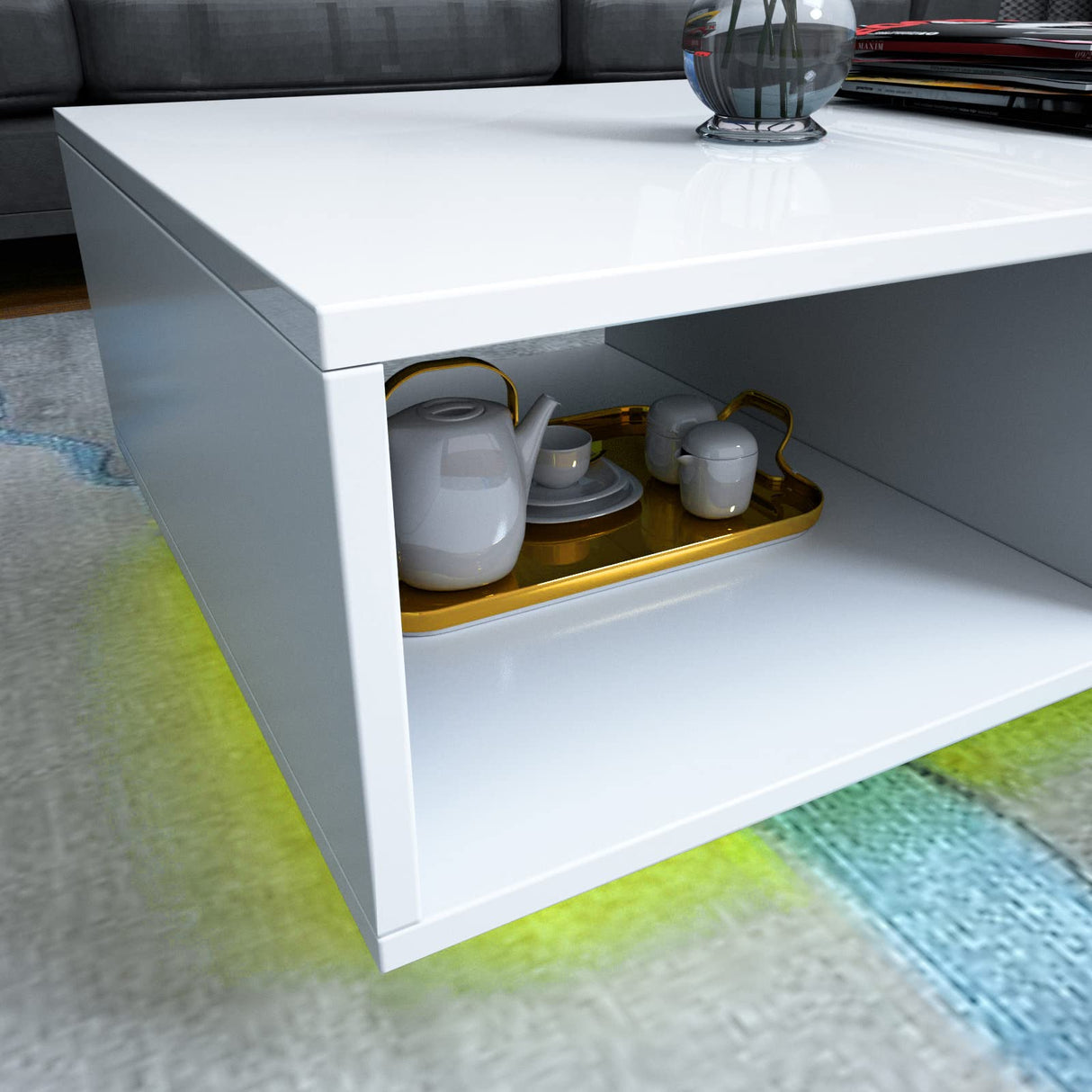 COSVALVE Modern White LED Coffee Tables for Living Room with Drawer & 16-Color LED Lights, Rectangle Living Room Sofa Table with Ample Storage Space(23.6" D x 43.3" W x 15.7" H) COSVALVE