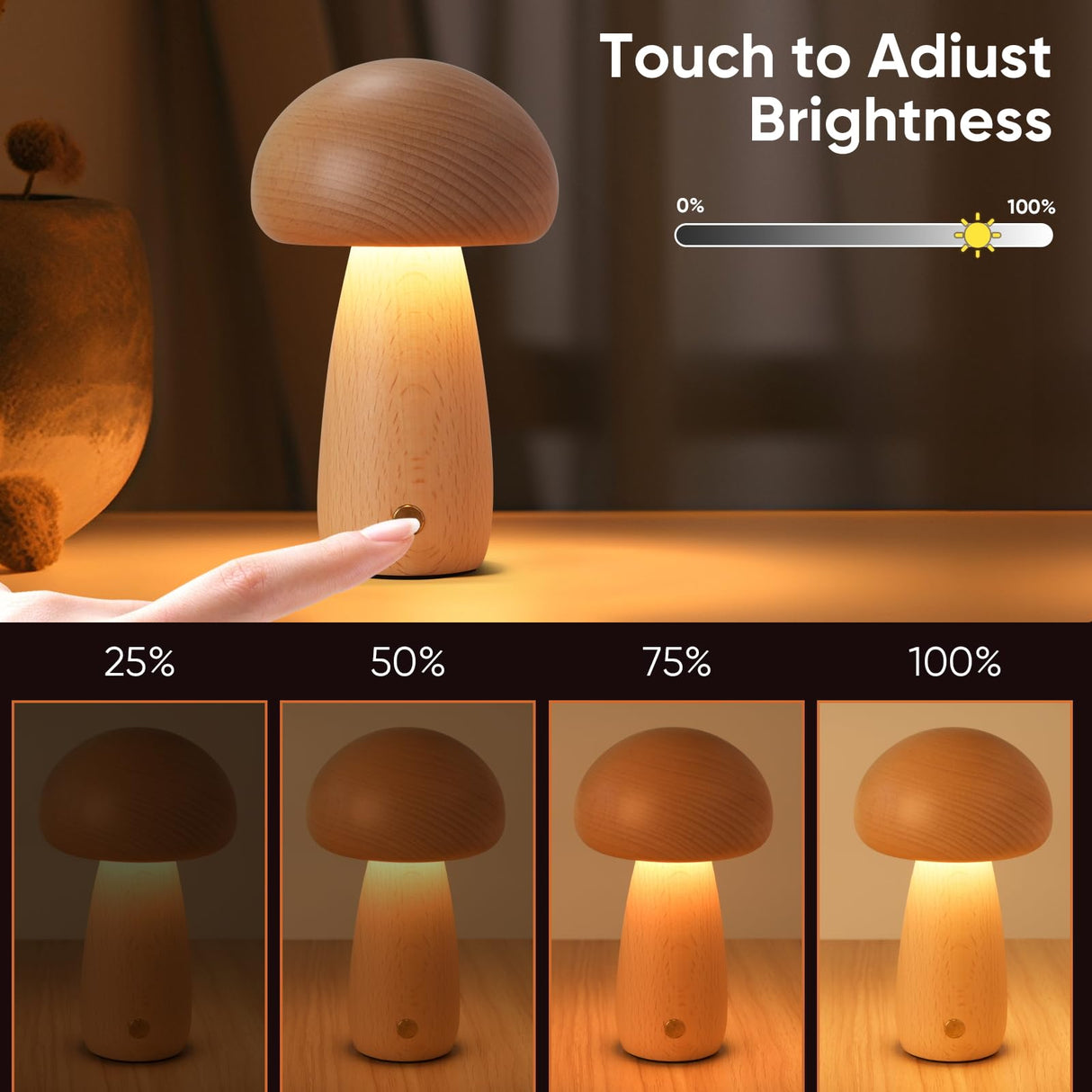 LONRISWAY Wooden Mushroom Lamp for Bedroom, Portable Cordless Small Rechargeable Battery Operated Lamp,Stepless Dimming, Night Light for Birthday Gifts LONRISWAY