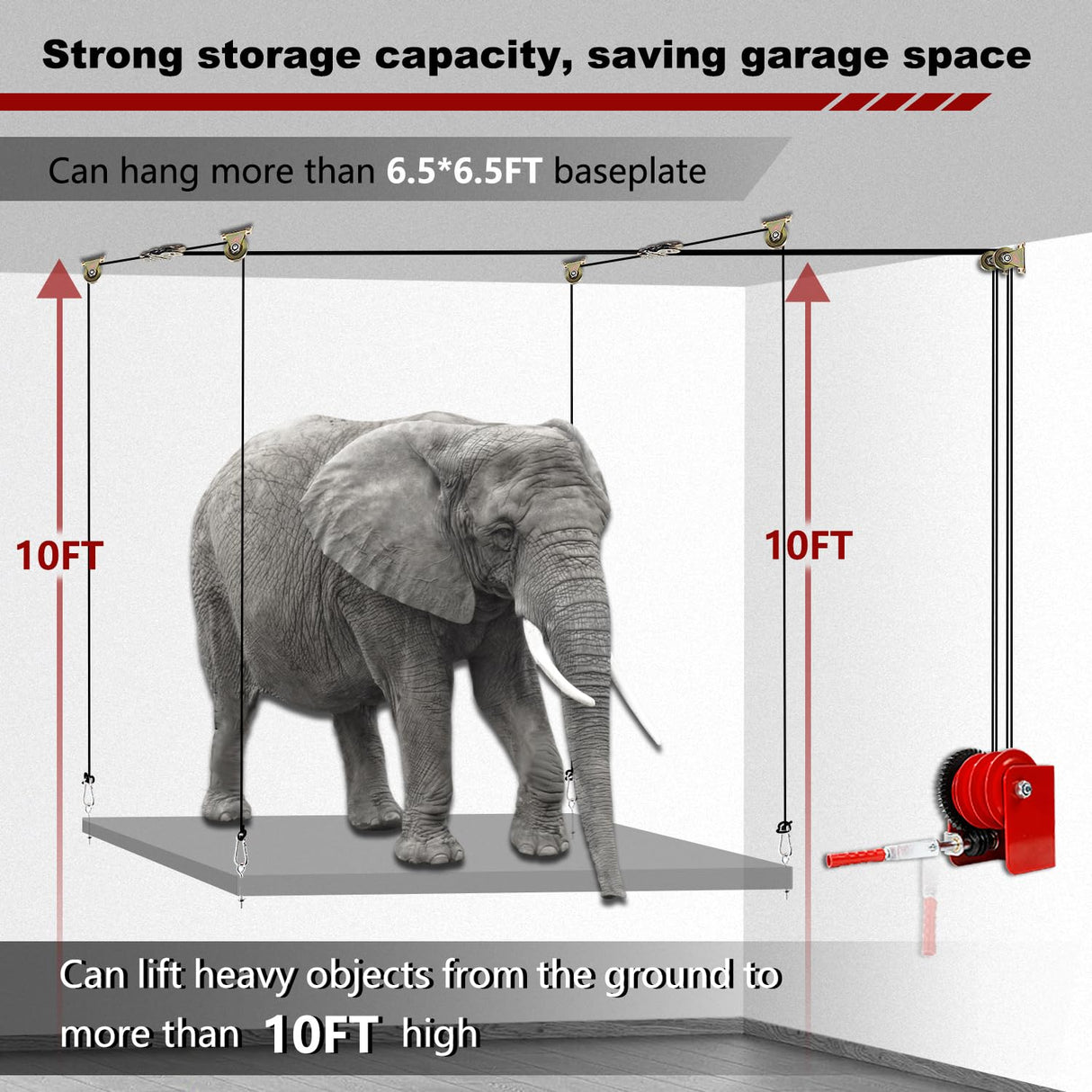 Overhead Garage Storage Lift Hoist, Heavy-duty Ceiling Mounted Garage Storage Lift System for Organization - Supports 8-16ft Ceilings, 300lbs Weight, Easy Installation & Operation (Deck Not Includ) DNShorix