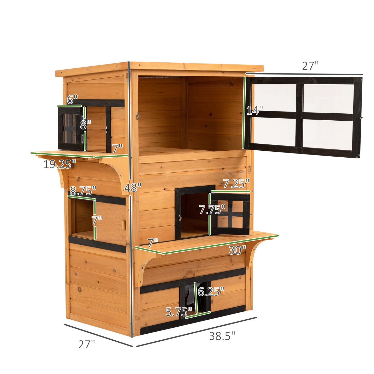 PawHut 3-Story Cat House Feral Cat Shelter, Outdoor Kitten Condo with Raised Floor, Asphalt Roof, Escape Doors, Jumping Platforms, Yellow - WoodArtSupply