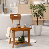 Fun Memories Teak Shower Bench Seat with Handles and Backrest, 19" Solid Wood Shower Stool Waterproof Shower Seat with Storage for Inside Shower Legs Shaving, Seniors Elderly Heavy Duty Fun Memories