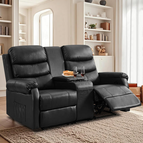 ZRNINR Loveseat Reclining Sofa, Home Theater Seating with Center Console, RV Recliner Sofa with Cup Holders and Pockets, Manual Double Seater Recliner for Living Room, Motor Home, Cinema(Black) ZRNINR