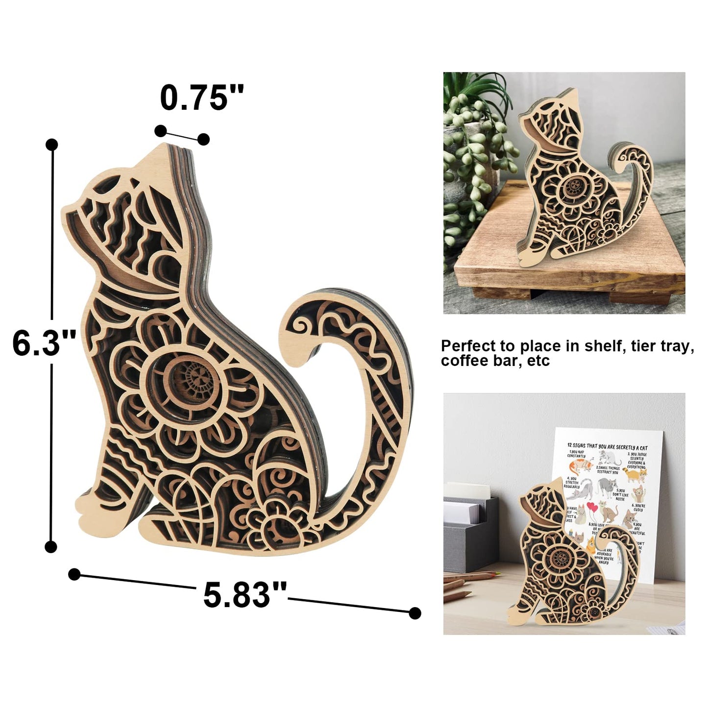 Multi-Layered Cat Decor, Farmhouse Wooden Cat Craft 4 Layer Rustic Kitten Self-Standing Statue Desktop Shelf Tier Tray Display Cat Lovers Gift 6''