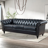 Vaztrlus Chesterfield Sofas for Living Room, Black Rolled Arm 3-Seater Leather 84" Large Couch Deep Button Nailhead Tufted Upholstered Couches for Bedroom, Office Apartment Easy to Assemble Vaztrlus